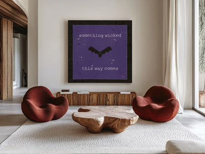 Spooky Cuties IV Purple by Pela Studio. Shown as extra-large giant wall art in a modern living room. Available as an archival giclee rolled canvas, fine art paper, or poster print. SKU 47502a.