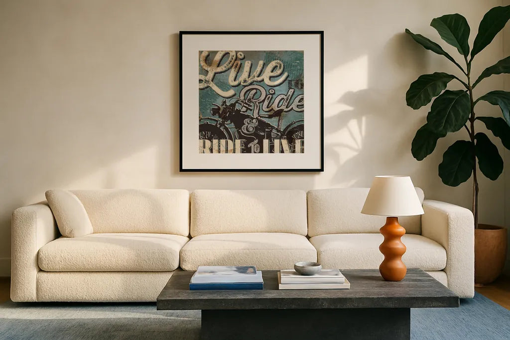 Street Machines II by Pela Studio. Displayed in a glass frame with matte in a clean modern living room. Available as an archival giclee rolled canvas, fine art paper, or poster print. SKU 13202a.
