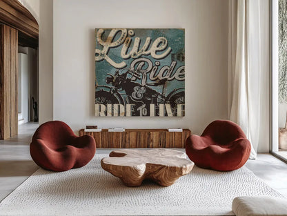 Street Machines II by Pela Studio. Shown as extra-large giant wall art in a modern living room. Available as an archival giclee rolled canvas, fine art paper, or poster print. SKU 13202a.