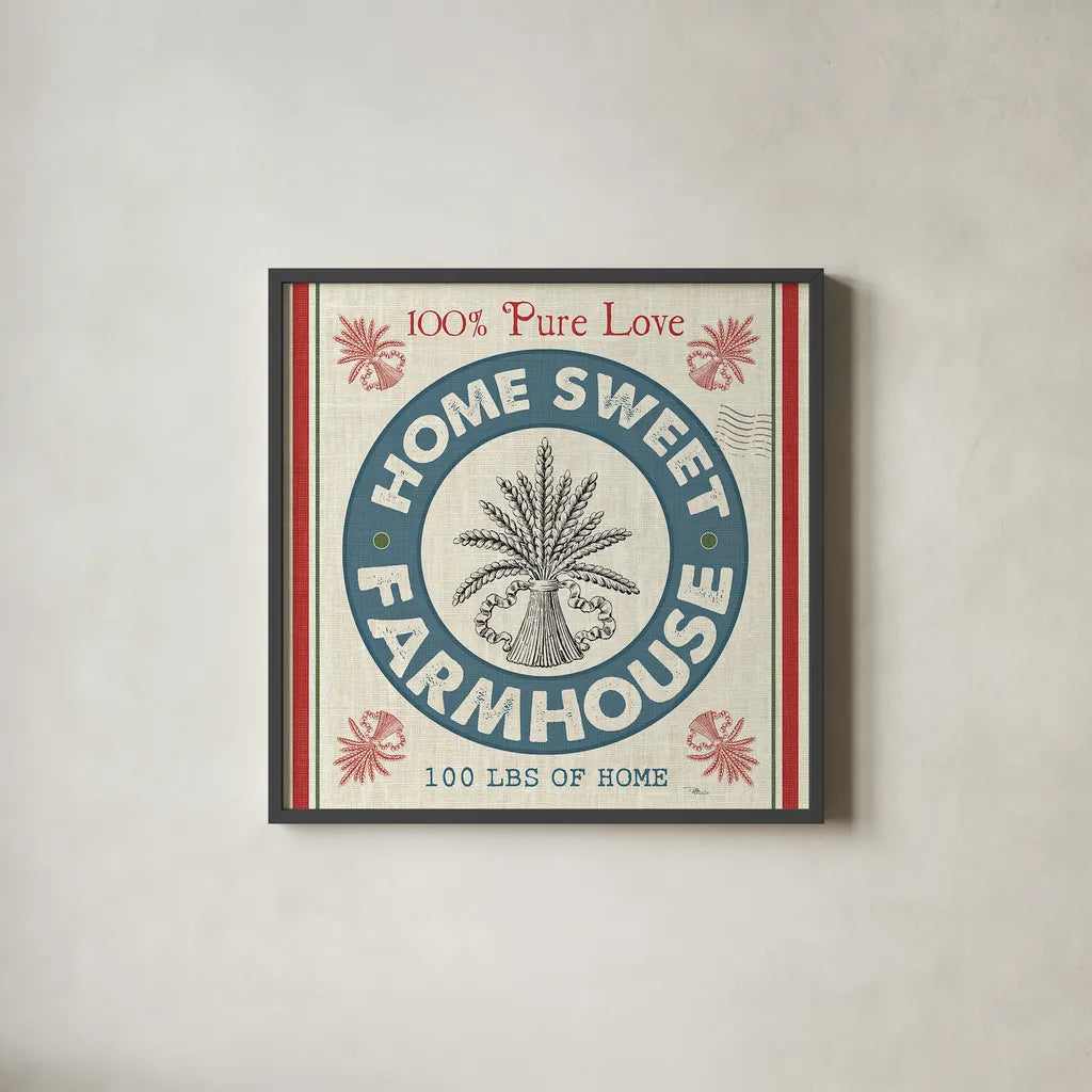 Sweet Farmhouse I by Pela Studio. Shown in a sleek black glass frame for a contemporary gallery look. Available as an archival giclee rolled canvas, fine art paper, or poster print. SKU 36180a.