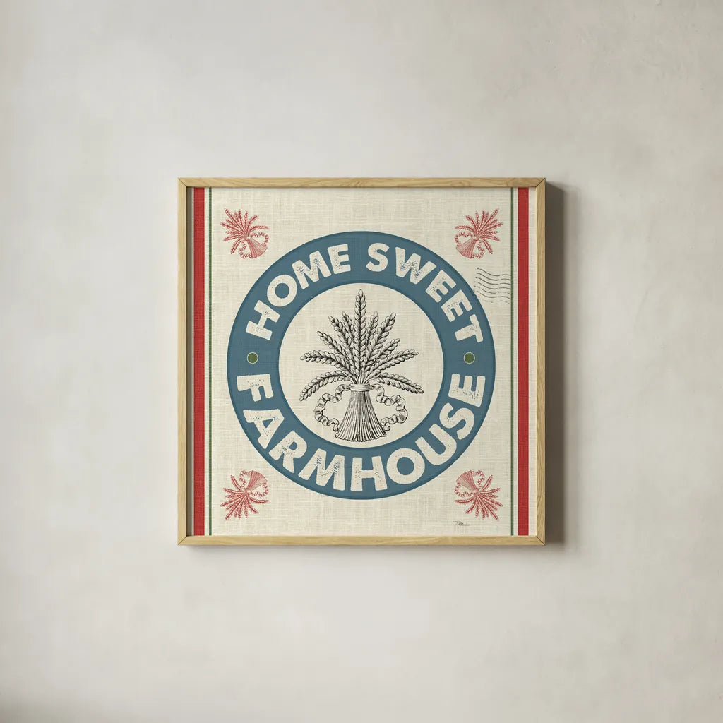 Sweet Farmhouse I No 100 by Pela Studio. Shown in a natural wood glass frame for a timeless modern aesthetic. Available as an archival giclee rolled canvas, fine art paper, or poster print. SKU 49020a.