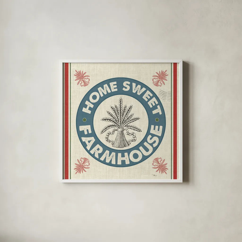Sweet Farmhouse I No 100 by Pela Studio. Shown in a crisp white glass frame for a clean and minimalist style. Available as an archival giclee rolled canvas, fine art paper, or poster print. SKU 49020a.