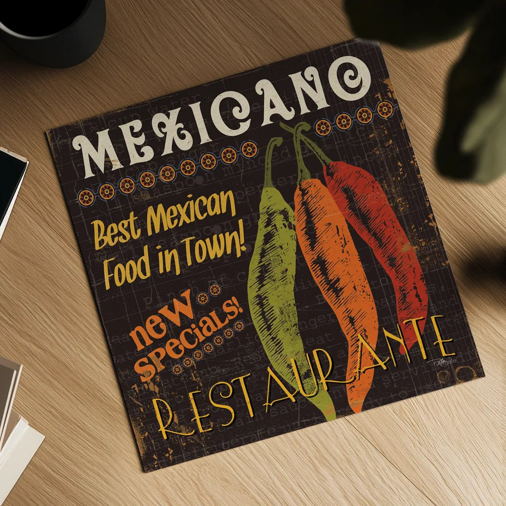 Tex Mex I by Pela Studio. Shown as a detailed flat fine art print, highlighting archival giclee quality. Available as an archival giclee rolled canvas, fine art paper, or poster print. SKU 10324a.