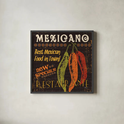 Tex Mex I by Pela Studio. Shown in a sleek black glass frame for a contemporary gallery look. Available as an archival giclee rolled canvas, fine art paper, or poster print. SKU 10324a.