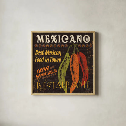 Tex Mex I by Pela Studio. Shown in a natural wood glass frame for a timeless modern aesthetic. Available as an archival giclee rolled canvas, fine art paper, or poster print. SKU 10324a.