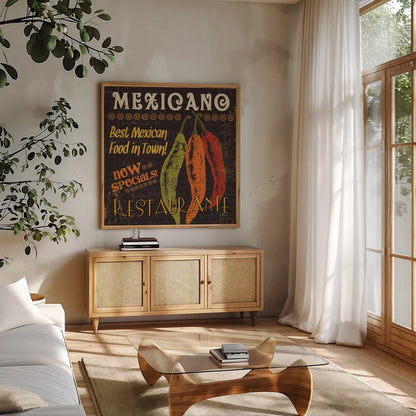 Tex Mex I by Pela Studio. Shown in a natural wood frame in a cozy modern living room. Available as an archival giclee rolled canvas, fine art paper, or poster print. SKU 10324a.