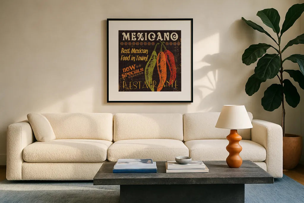 Tex Mex I by Pela Studio. Displayed in a glass frame with matte in a clean modern living room. Available as an archival giclee rolled canvas, fine art paper, or poster print. SKU 10324a.