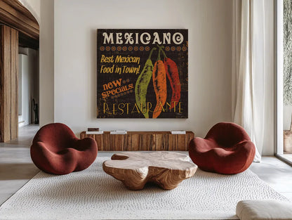Tex Mex I by Pela Studio. Shown as extra-large giant wall art in a modern living room. Available as an archival giclee rolled canvas, fine art paper, or poster print. SKU 10324a.