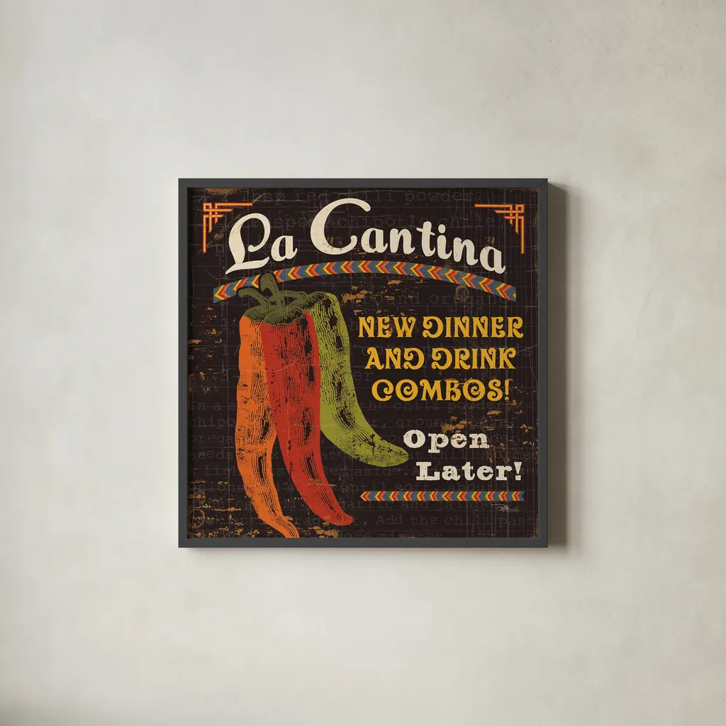 Tex Mex II by Pela Studio. Shown in a sleek black glass frame for a contemporary gallery look. Available as an archival giclee rolled canvas, fine art paper, or poster print. SKU 10325a.