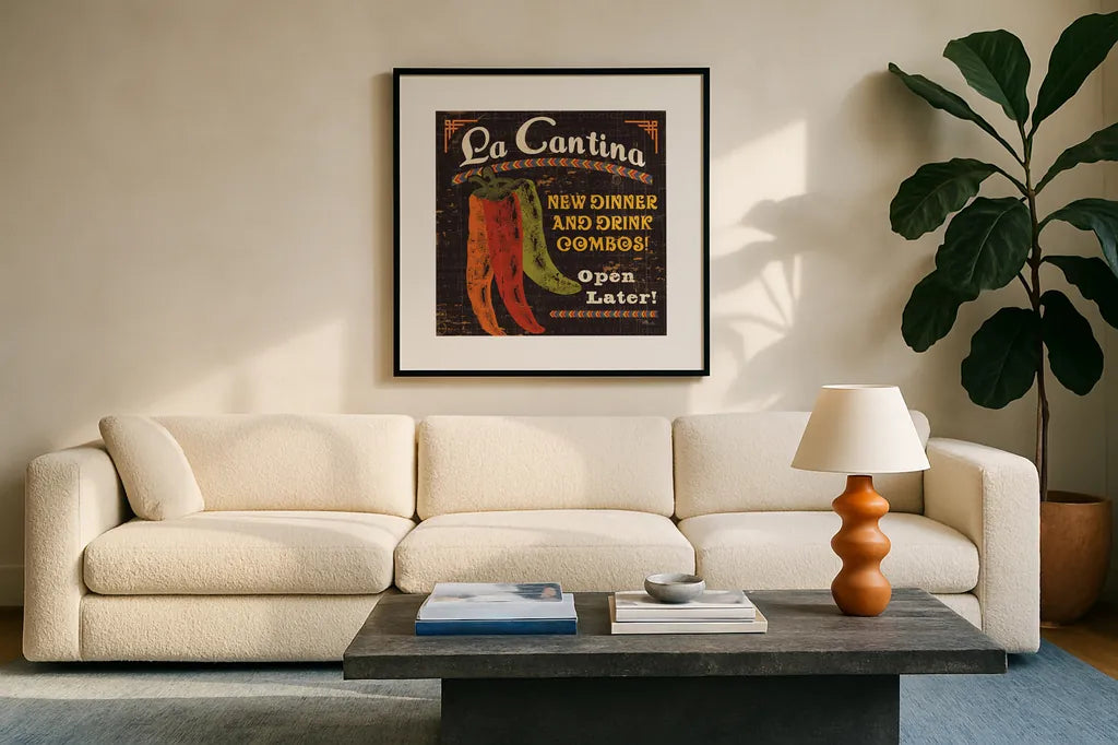 Tex Mex II by Pela Studio. Displayed in a glass frame with matte in a clean modern living room. Available as an archival giclee rolled canvas, fine art paper, or poster print. SKU 10325a.