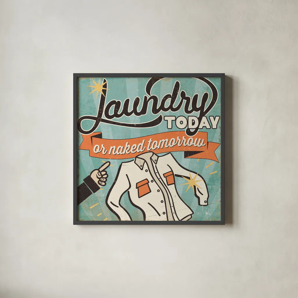 The Cleaners I by Pela Studio. Shown in a sleek black glass frame for a contemporary gallery look. Available as an archival giclee rolled canvas, fine art paper, or poster print. SKU 14794a.