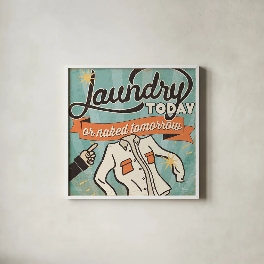 The Cleaners I by Pela Studio. Shown in a crisp white glass frame for a clean and minimalist style. Available as an archival giclee rolled canvas, fine art paper, or poster print. SKU 14794a.