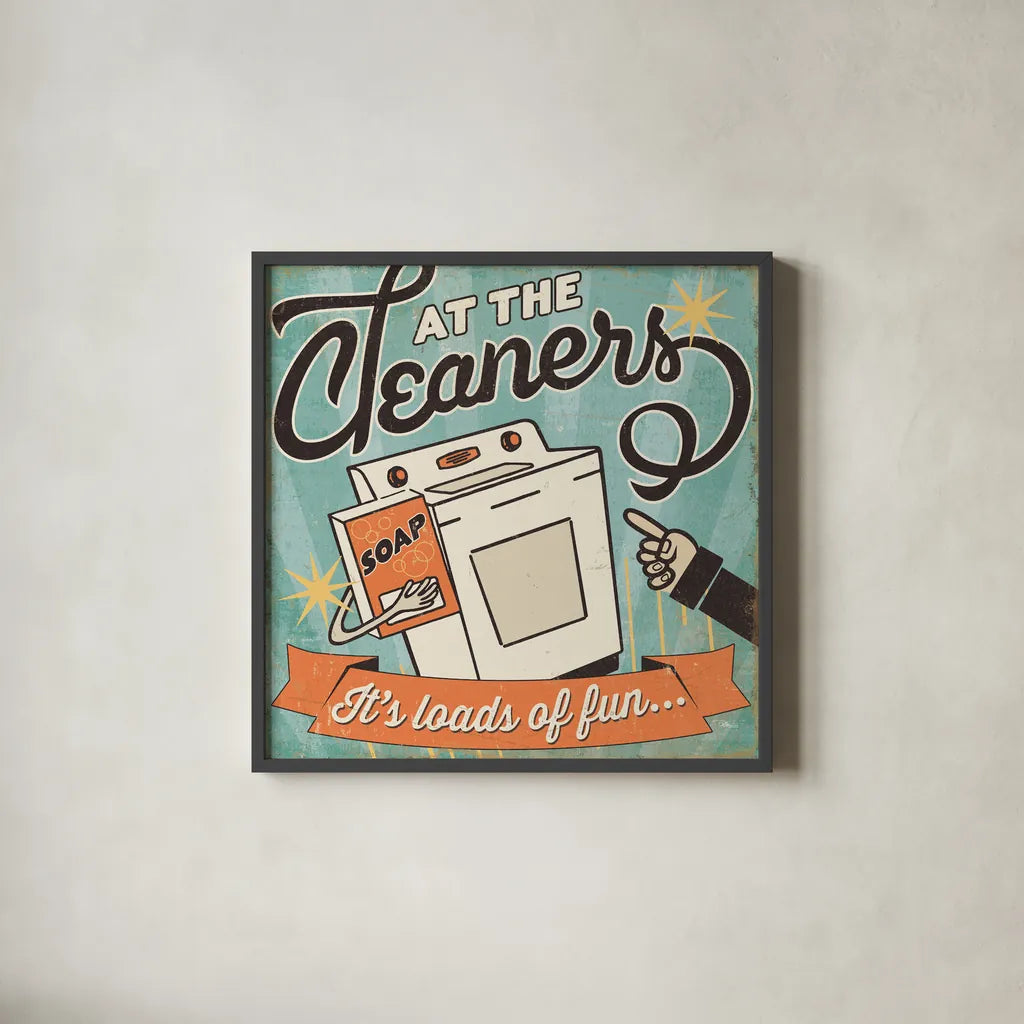 The Cleaners II by Pela Studio. Shown in a sleek black glass frame for a contemporary gallery look. Available as an archival giclee rolled canvas, fine art paper, or poster print. SKU 14795a.