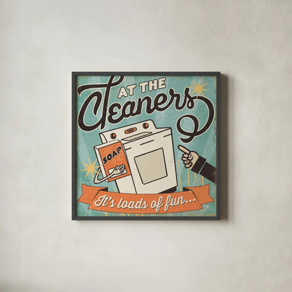 The Cleaners II by Pela Studio. Shown in a sleek black glass frame for a contemporary gallery look. Available as an archival giclee rolled canvas, fine art paper, or poster print. SKU 14795a.