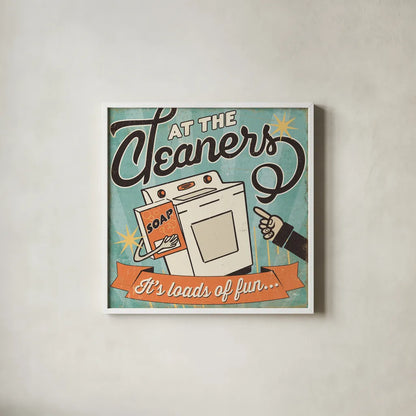 The Cleaners II by Pela Studio. Shown in a crisp white glass frame for a clean and minimalist style. Available as an archival giclee rolled canvas, fine art paper, or poster print. SKU 14795a.