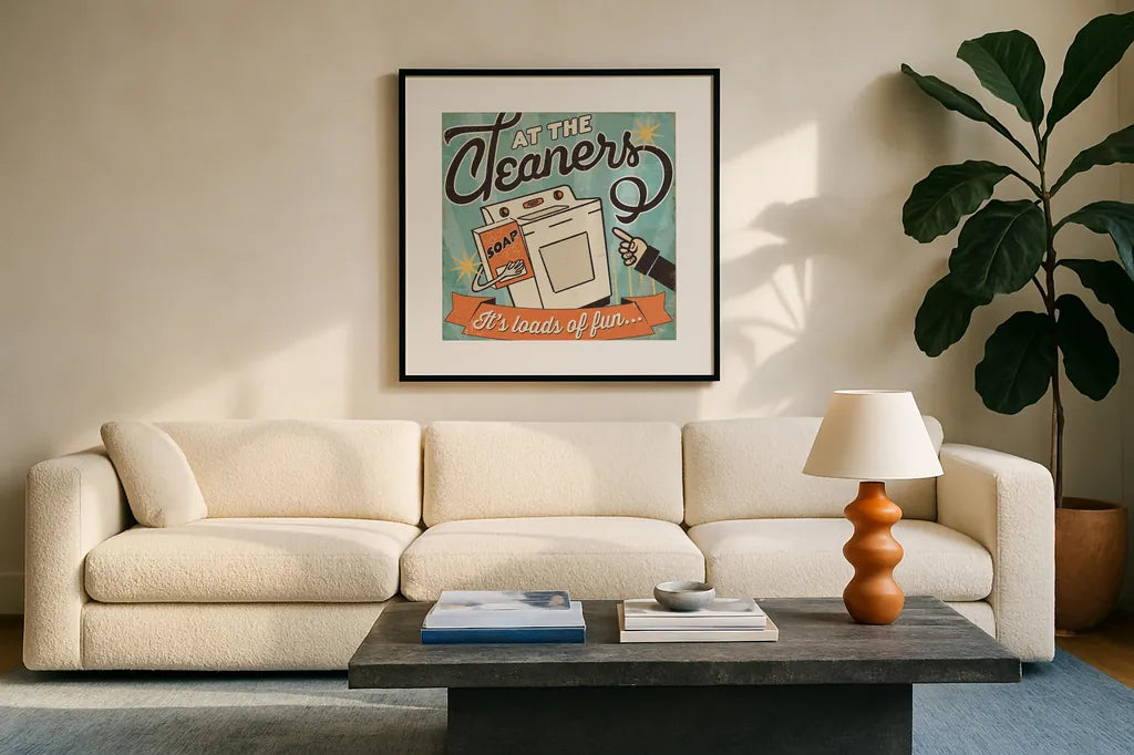 The Cleaners II by Pela Studio. Displayed in a glass frame with matte in a clean modern living room. Available as an archival giclee rolled canvas, fine art paper, or poster print. SKU 14795a.