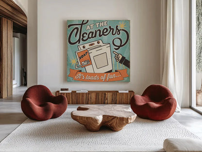 The Cleaners II by Pela Studio. Shown as extra-large giant wall art in a modern living room. Available as an archival giclee rolled canvas, fine art paper, or poster print. SKU 14795a.