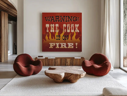 The Cook is On Fire by Pela Studio. Shown as extra-large giant wall art in a modern living room. Available as an archival giclee rolled canvas, fine art paper, or poster print. SKU 92148a.