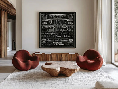 Thoughtful Recipes III by Pela Studio. Shown as extra-large giant wall art in a modern living room. Available as an archival giclee rolled canvas, fine art paper, or poster print. SKU 15216a.