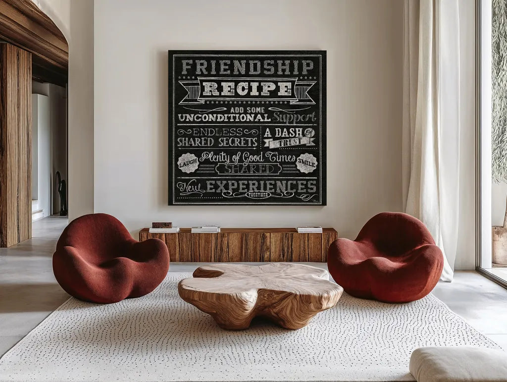 Thoughtful Recipes IV by Pela Studio. Shown as extra-large giant wall art in a modern living room. Available as an archival giclee rolled canvas, fine art paper, or poster print. SKU 15217a.