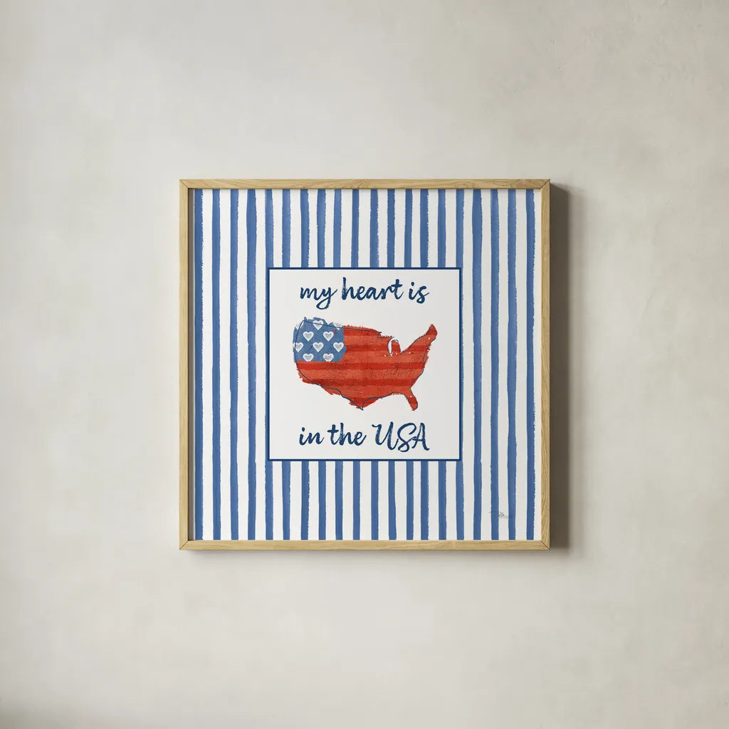 USA Cuties Stripes II by Pela Studio. Shown in a natural wood glass frame for a timeless modern aesthetic. Available as an archival giclee rolled canvas, fine art paper, or poster print. SKU 98929a.