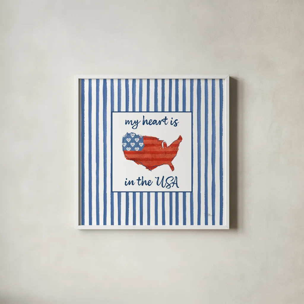USA Cuties Stripes II by Pela Studio. Shown in a crisp white glass frame for a clean and minimalist style. Available as an archival giclee rolled canvas, fine art paper, or poster print. SKU 98929a.