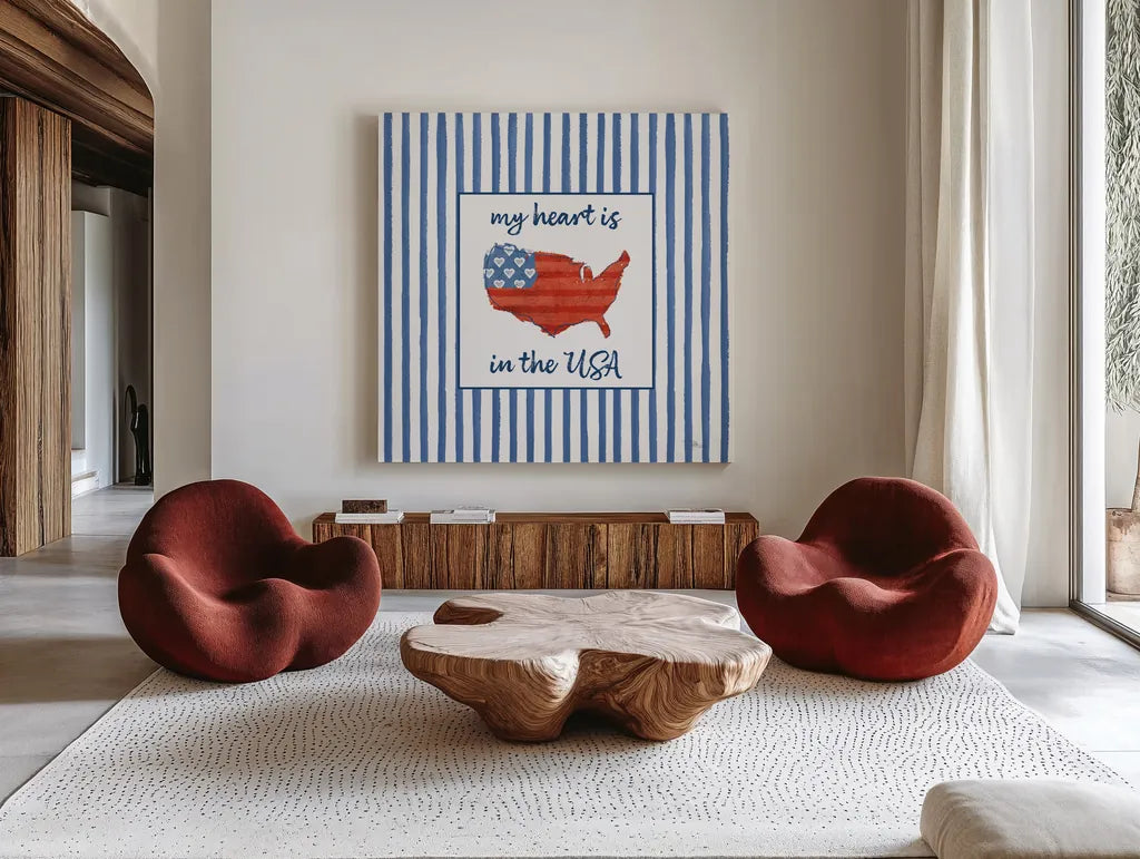 USA Cuties Stripes II by Pela Studio. Shown as extra-large giant wall art in a modern living room. Available as an archival giclee rolled canvas, fine art paper, or poster print. SKU 98929a.