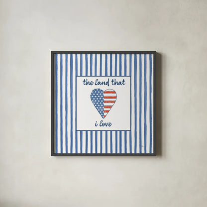 USA Cuties Stripes III by Pela Studio. Shown in a sleek black glass frame for a contemporary gallery look. Available as an archival giclee rolled canvas, fine art paper, or poster print. SKU 98930a.
