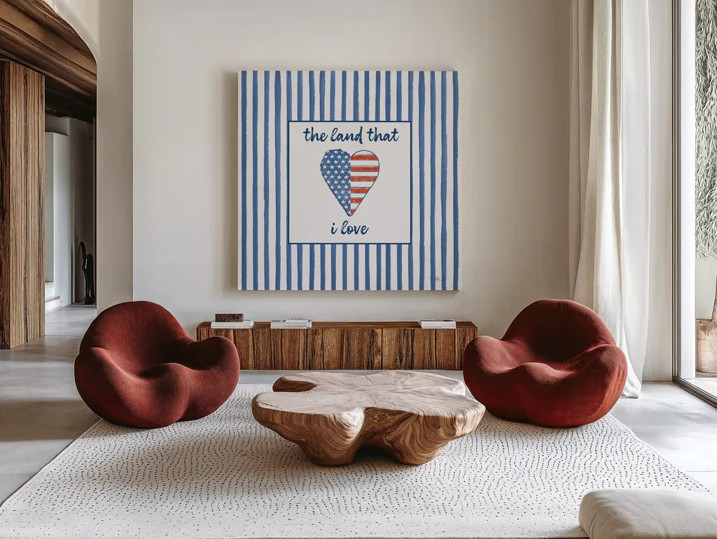 USA Cuties Stripes III by Pela Studio. Shown as extra-large giant wall art in a modern living room. Available as an archival giclee rolled canvas, fine art paper, or poster print. SKU 98930a.