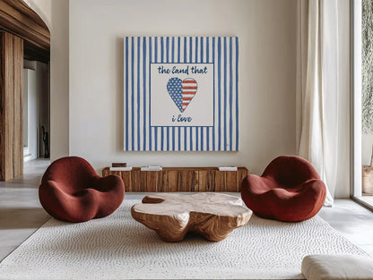 USA Cuties Stripes III by Pela Studio. Shown as extra-large giant wall art in a modern living room. Available as an archival giclee rolled canvas, fine art paper, or poster print. SKU 98930a.