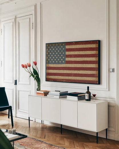 USA Strong by Pela Studio. shown as a framed stretched canvas in a living room above a console. Available as a archival giclee rolled canvas, fine art paper, or poster print. SKU 12929i.