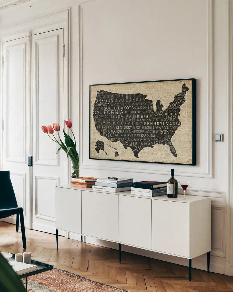 USA V by Pela Studio. shown as a framed stretched canvas in a living room above a console. Available as a archival giclee rolled canvas, fine art paper, or poster print. SKU 7844i.