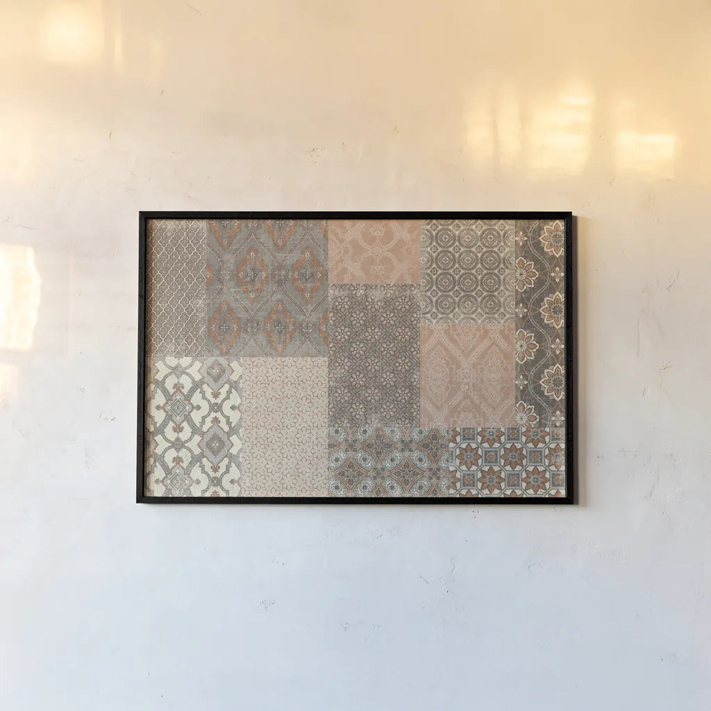 Venetian Patchwork I Orange Gray by Pela Studio. shown as a paper print in a black flame. Available as a archival giclee rolled canvas, fine art paper, or poster print. SKU 55378i.