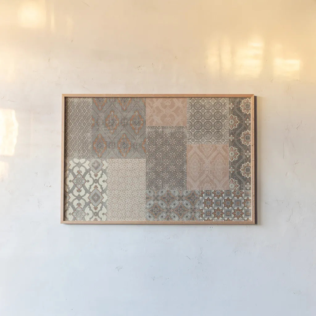 Venetian Patchwork I Orange Gray by Pela Studio. shown as a paper print in a natural frame. Available as a archival giclee rolled canvas, fine art paper, or poster print. SKU 55378i.