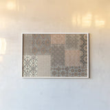 Venetian Patchwork I Orange Gray by Pela Studio. shown as a paper print in a white frame. Available as a archival giclee rolled canvas, fine art paper, or poster print. SKU 55378i.