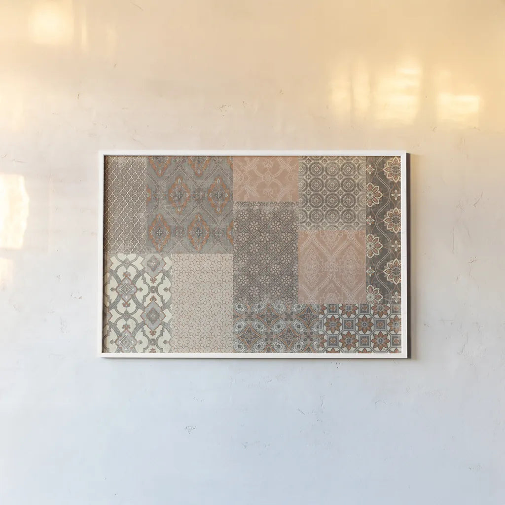 Venetian Patchwork I Orange Gray by Pela Studio. shown as a paper print in a white frame. Available as a archival giclee rolled canvas, fine art paper, or poster print. SKU 55378i.