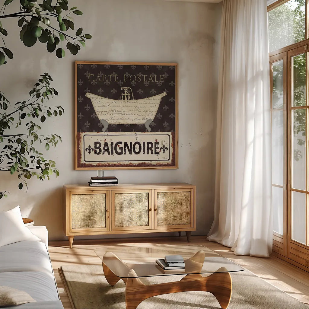 Vintage Bath V by Pela Studio. Shown in a natural wood frame in a cozy modern living room. Available as an archival giclee rolled canvas, fine art paper, or poster print. SKU 13512a.