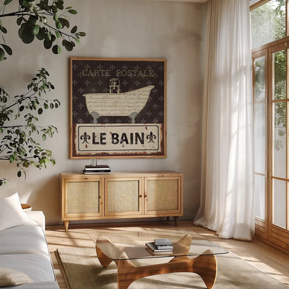 Vintage Bath VI by Pela Studio. Shown in a natural wood frame in a cozy modern living room. Available as an archival giclee rolled canvas, fine art paper, or poster print. SKU 13513a.