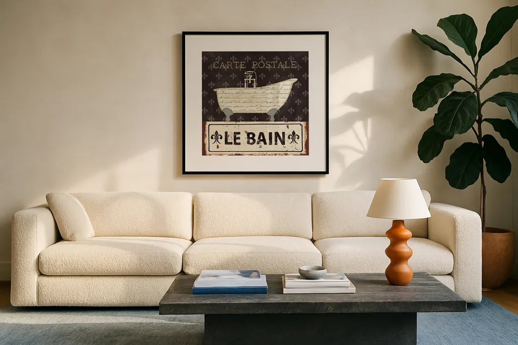 Vintage Bath VI by Pela Studio. Displayed in a glass frame with matte in a clean modern living room. Available as an archival giclee rolled canvas, fine art paper, or poster print. SKU 13513a.
