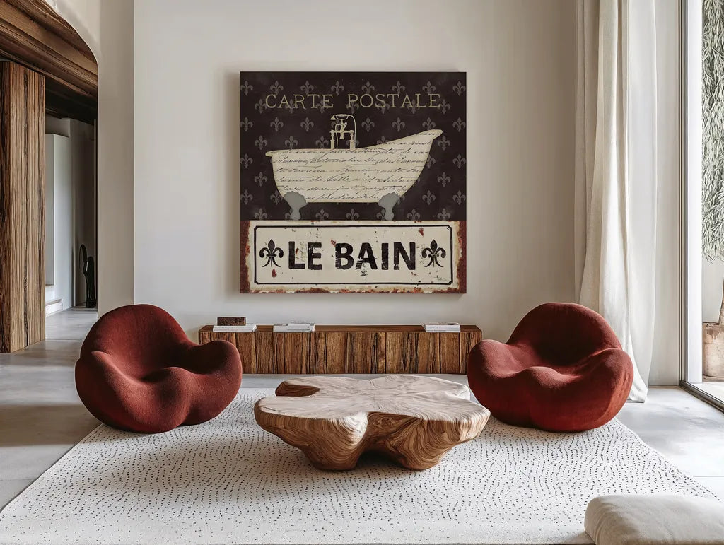 Vintage Bath VI by Pela Studio. Shown as extra-large giant wall art in a modern living room. Available as an archival giclee rolled canvas, fine art paper, or poster print. SKU 13513a.