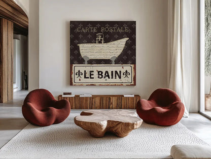 Vintage Bath VI by Pela Studio. Shown as extra-large giant wall art in a modern living room. Available as an archival giclee rolled canvas, fine art paper, or poster print. SKU 13513a.
