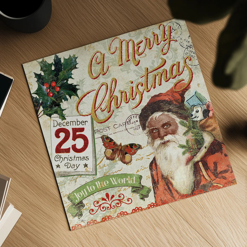 Vintage Christmas II Santa by Pela Studio. Shown as a detailed flat fine art print, highlighting archival giclee quality. Available as an archival giclee rolled canvas, fine art paper, or poster print. SKU 29286a.