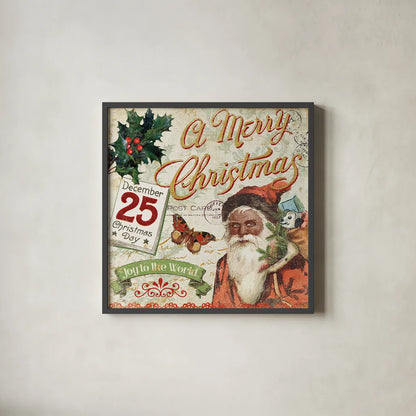 Vintage Christmas II Santa by Pela Studio. Shown in a sleek black glass frame for a contemporary gallery look. Available as an archival giclee rolled canvas, fine art paper, or poster print. SKU 29286a.