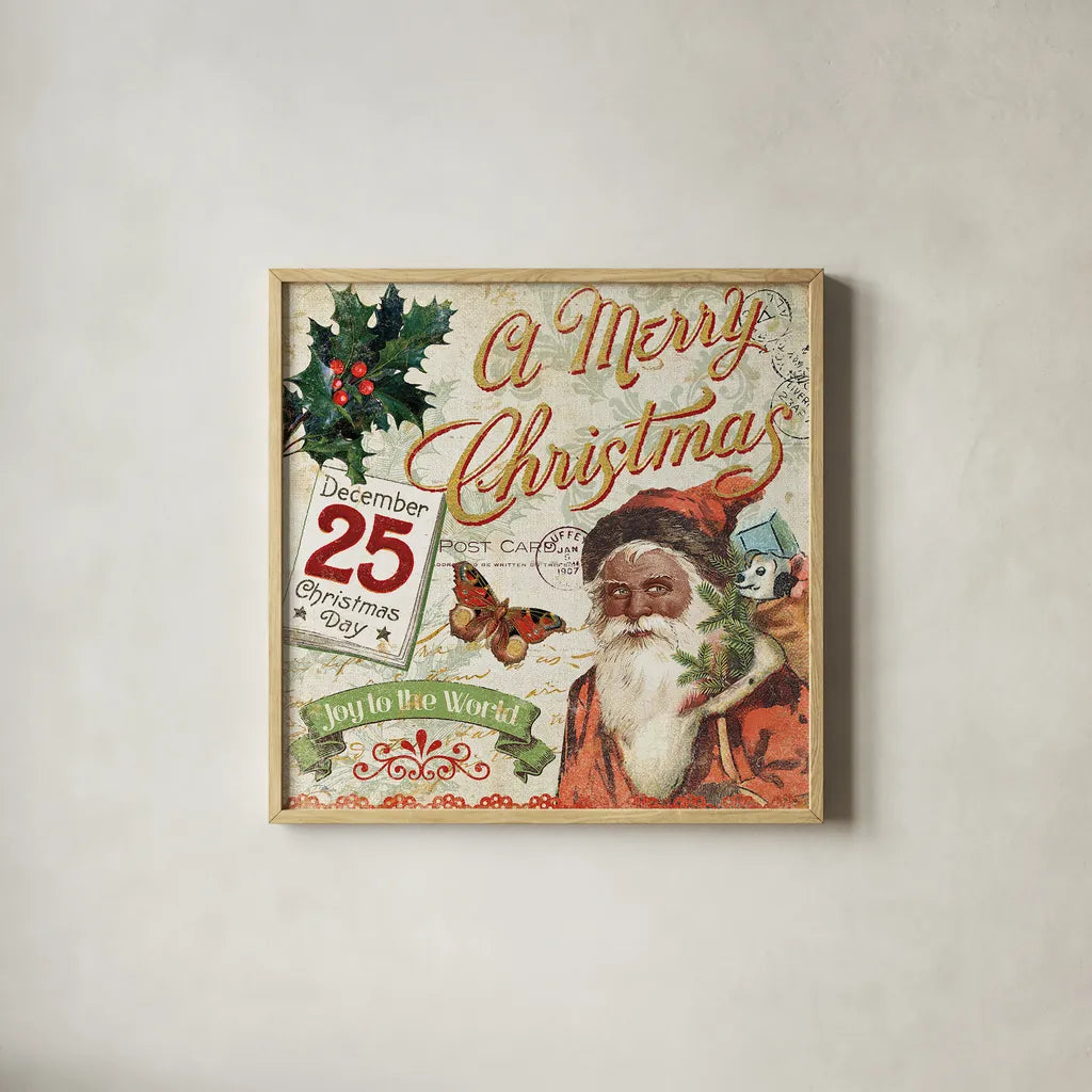 Vintage Christmas II Santa by Pela Studio. Shown in a natural wood glass frame for a timeless modern aesthetic. Available as an archival giclee rolled canvas, fine art paper, or poster print. SKU 29286a.