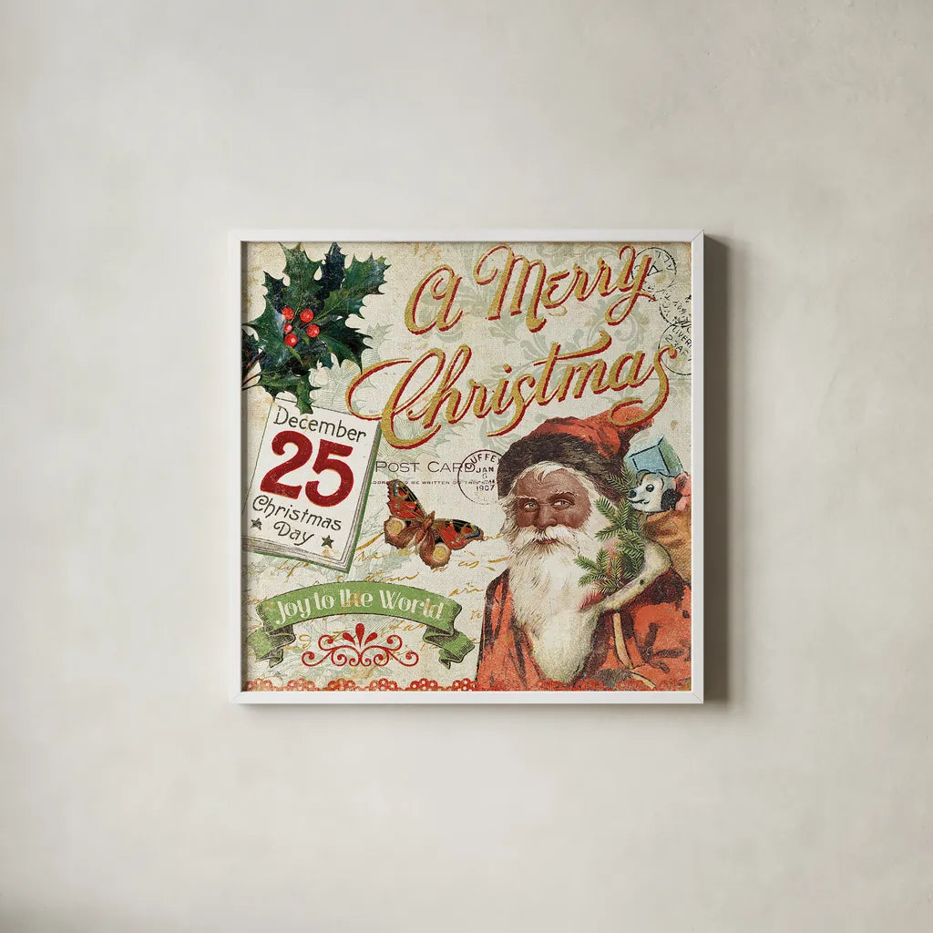 Vintage Christmas II Santa by Pela Studio. Shown in a crisp white glass frame for a clean and minimalist style. Available as an archival giclee rolled canvas, fine art paper, or poster print. SKU 29286a.
