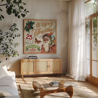 Vintage Christmas II Santa by Pela Studio. Shown in a natural wood frame in a cozy modern living room. Available as an archival giclee rolled canvas, fine art paper, or poster print. SKU 29286a.