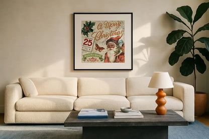 Vintage Christmas II Santa by Pela Studio. Displayed in a glass frame with matte in a clean modern living room. Available as an archival giclee rolled canvas, fine art paper, or poster print. SKU 29286a.