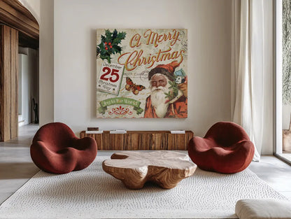 Vintage Christmas II Santa by Pela Studio. Shown as extra-large giant wall art in a modern living room. Available as an archival giclee rolled canvas, fine art paper, or poster print. SKU 29286a.