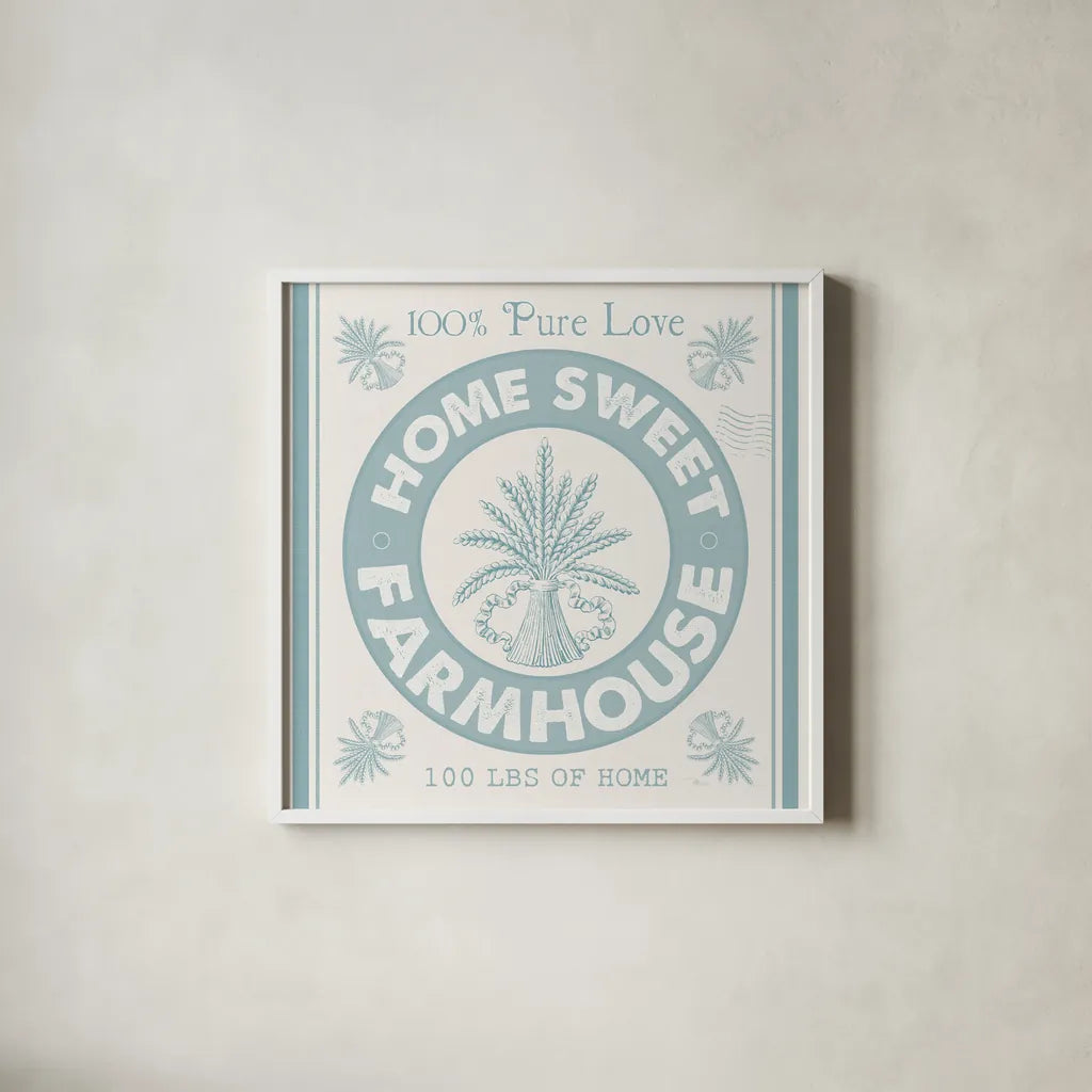 Vintage Farmhouse I by Pela Studio. Shown in a crisp white glass frame for a clean and minimalist style. Available as an archival giclee rolled canvas, fine art paper, or poster print. SKU 57418a.