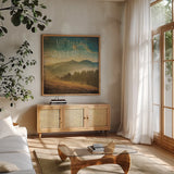 Wander II by Pela Studio. Shown in a natural wood frame in a cozy modern living room. Available as an archival giclee rolled canvas, fine art paper, or poster print. SKU 18261a.